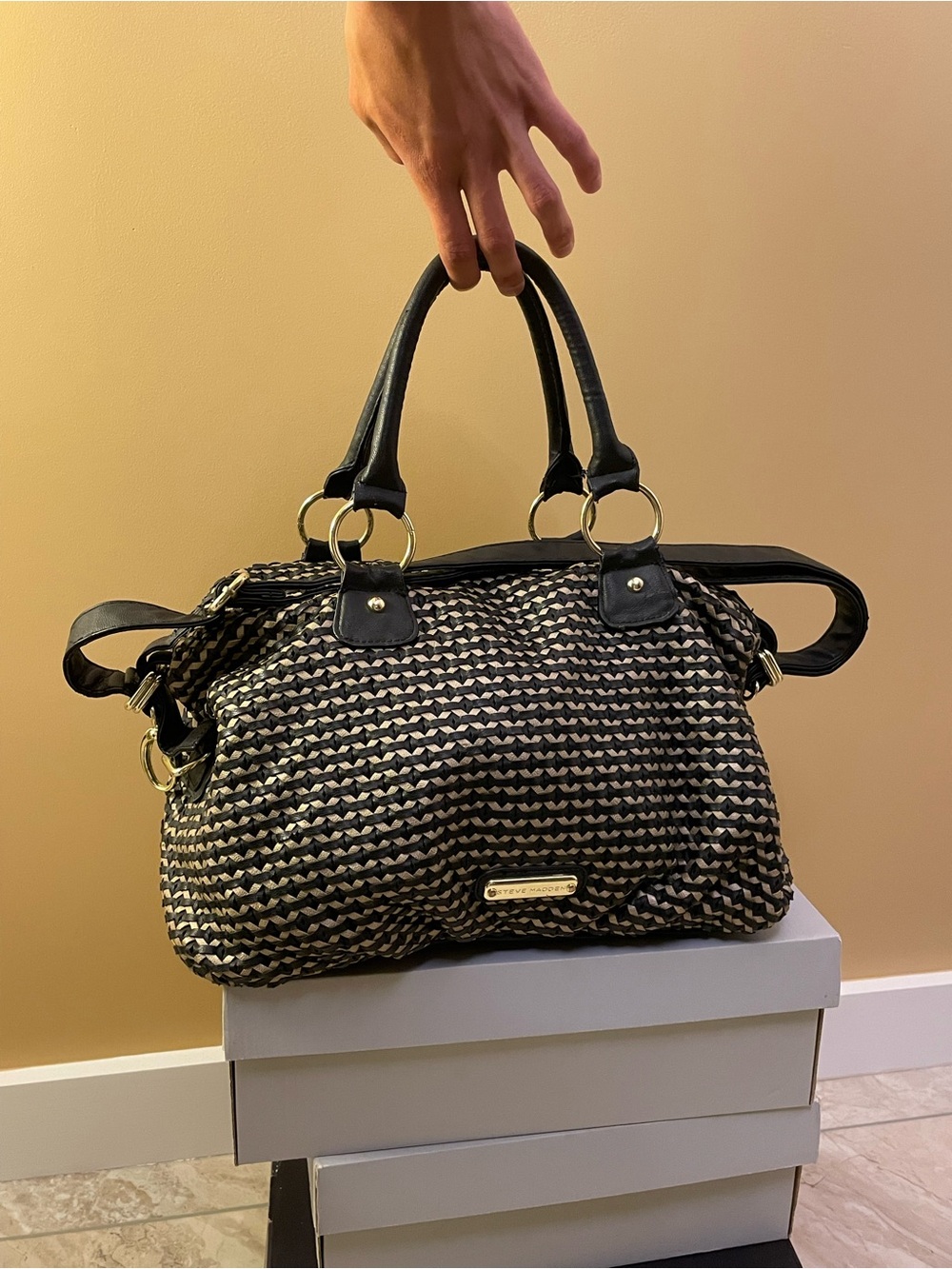 Steve Madden Black and Cream Woven Satchel with Gold Hardware